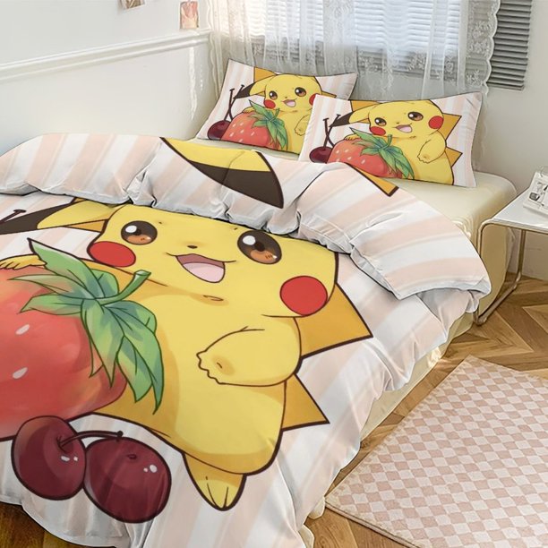 Pik_achu Print Bedding Set Pattern Duvet Cove Set 3 Pieces 1 Quilt Cover And 2 Pillowcases for Women Men Teens