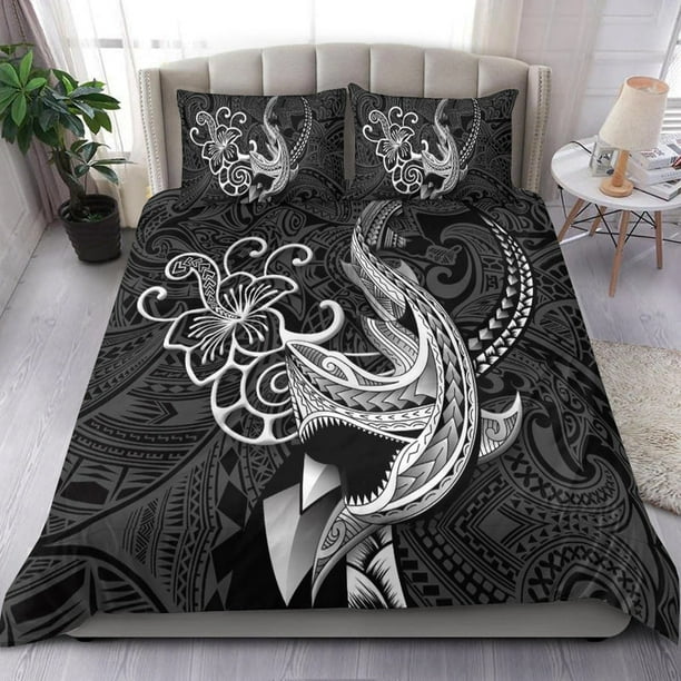 Juego de cama tribal Hawaii con tatuaje de tiburón polinesio - LT12