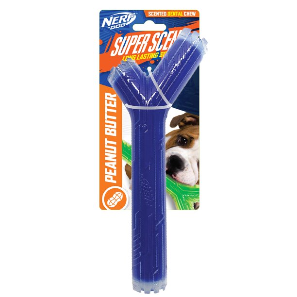 Nerf Dog Stick SuperScent sólido con aroma a mantequilla de maní, 10 pulgadas, TPR/PP, transparente/azul (NF-7133)