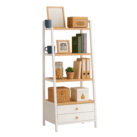 Global Latin Group - Librero Tipo Escalera Con Cajonero 4 Repisas Blanco Madera