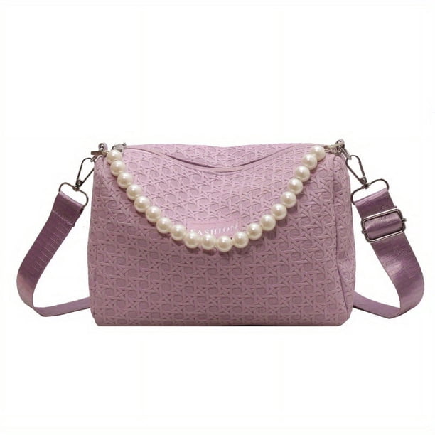 Fashion Embossed Handbag With Faux Pearl Handle, Small Solid Color Crossbody Bag, Faux Leather Shoulder Purse For Women