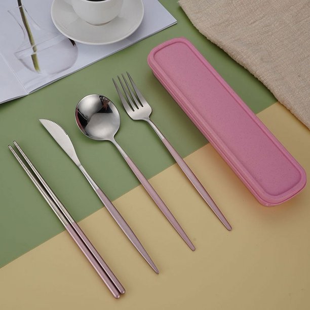 5pcs/set, Cutlery, Coffee Spoon, Salad Fork, Steak Knife, Milk Spoon, Salad Fork, Meal Knife, Portable Chopsticks, Washable Dessert Spoon, Stainless Steel Flatware With Storage Box, Tableware For Rest