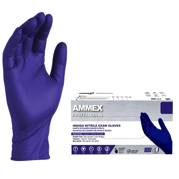 Guantes de examen Ammex Indigo Nitrilo, 3 ml, sin látex, sin polvo