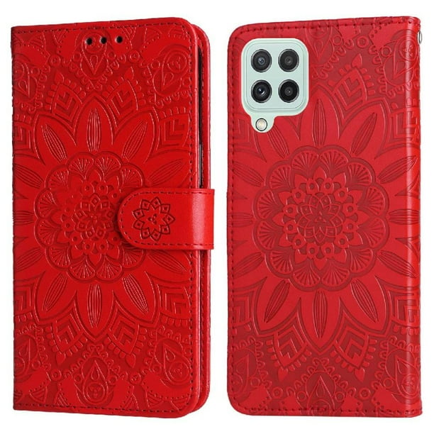 Funda tipo cartera FOXDOCK para Samsung Galaxy M32 4G , diseño girasol en relieve, cuero PU, cierre magnético, soporte y tarjetero
