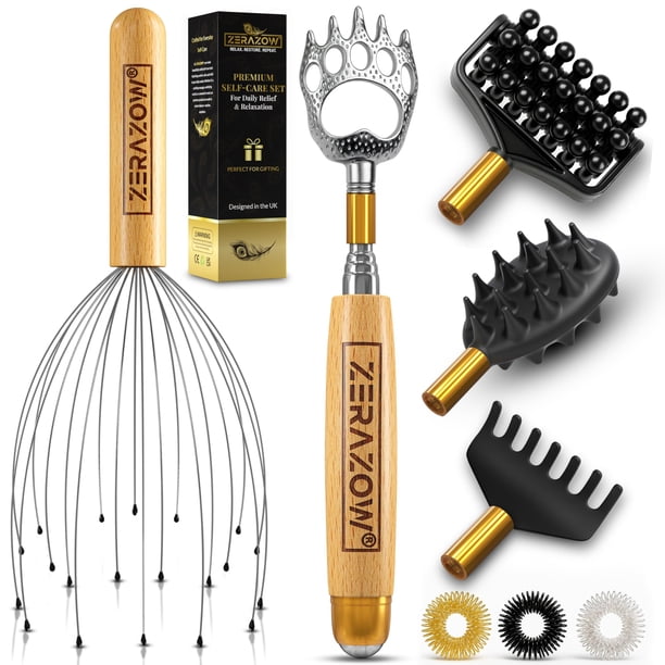Rascador de Espalda ZERAZOW – Set de 9 Piezas con Cabezas Intercambiables y Masajeador de Cuero Cabelludo – Regalo