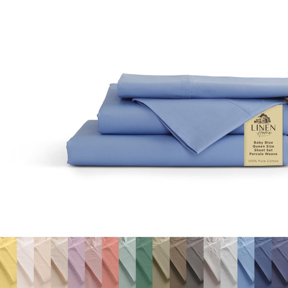 Juego de sábanas Linen Home, 100% algodón, percal, tamaño queen, azul