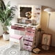 thumbnail image 2 of Vanity Desk with Glass Top and 11 Hollywood Bulbs, 3 Color Lighting Modes, Makeup Vanity with Pink Finish Drawers & Shelves, White Vanity Table with Stool for Bedroom, 2 of 3