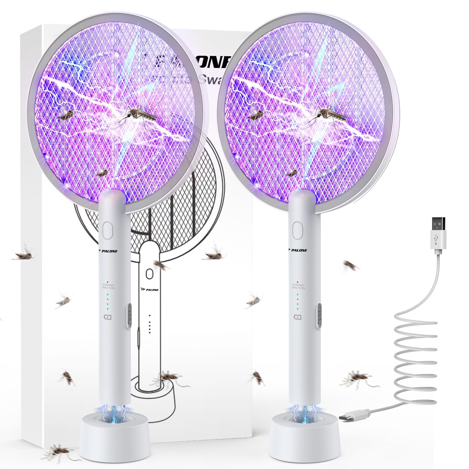 Raqueta Para Eliminar Insectos Electric Fly Swatter Palone 3000 V, 2 En 1 (paquete De 2)