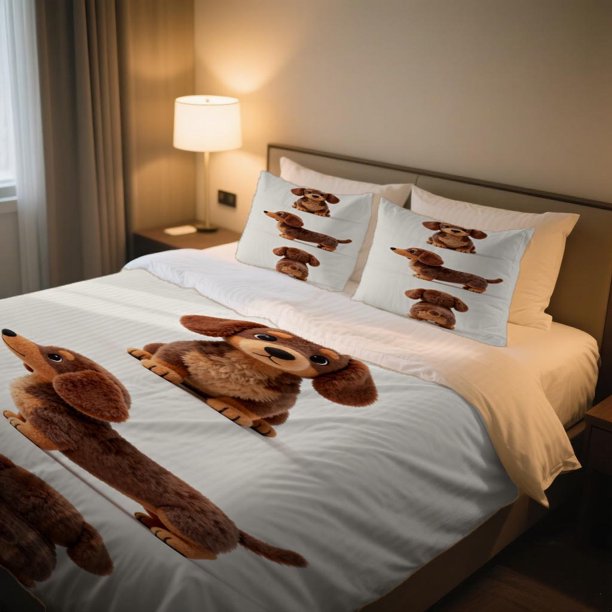 Stylized Dachshund Puppy Duvet Cover Set Digital Printed Bedding a ThreePiece Set