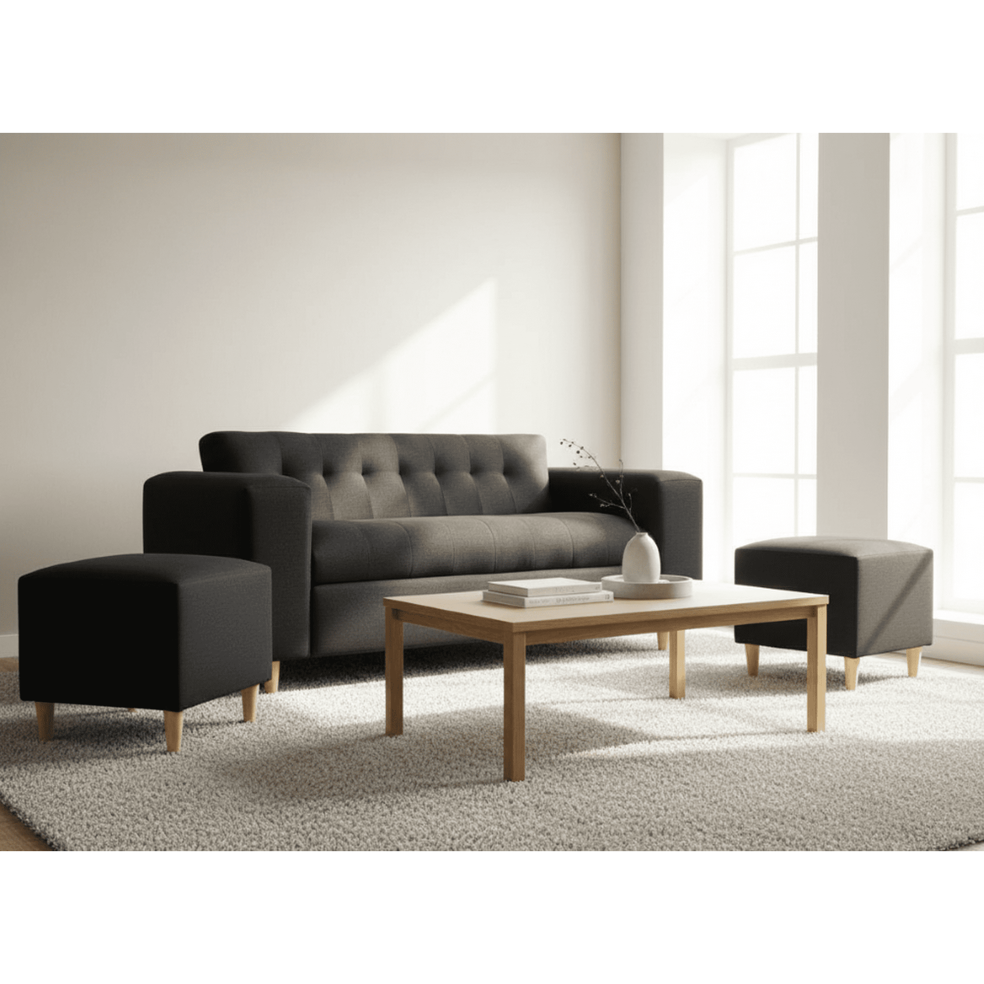 Muebles New - Sofa Dos Cuerpos Mas Dos Puff Negro Lino