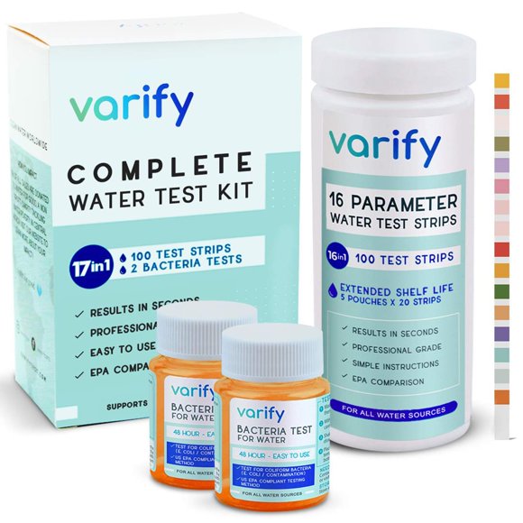 Kit de análisis de agua Varify 17 en 1 completo, 100 tiras y 2 bacterias