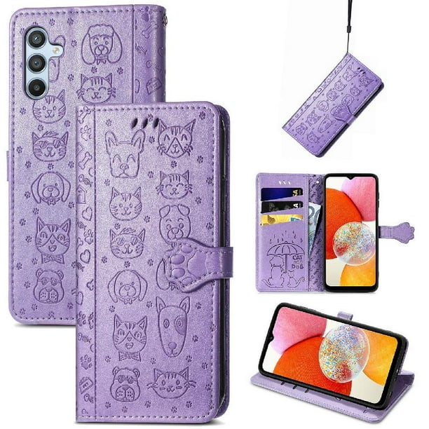 Funda Cartera FOXDOCK para Samsung Galaxy A14 4G , Flip PU con Relieve de Gatos y Perros, Tarjetero y Soporte