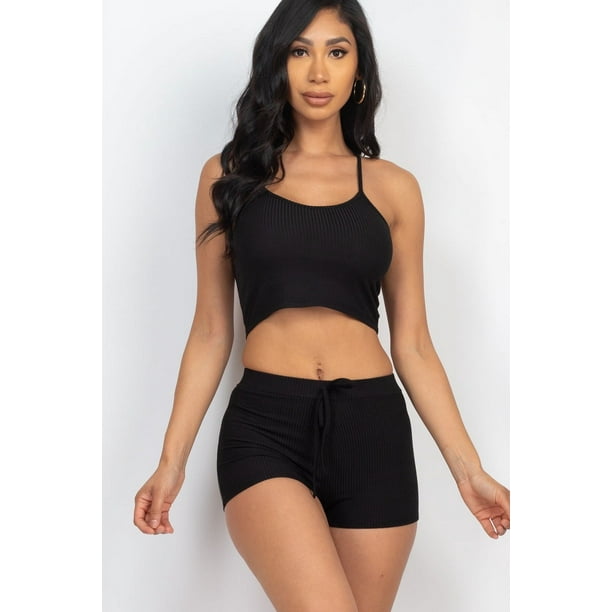 Conjunto de Top Corto de Canalé y Shorts - Negro / L