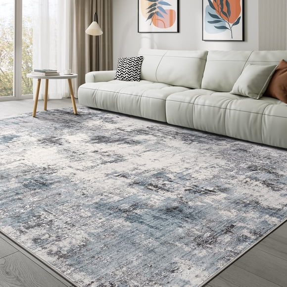 Alfombra Lavable 9 X 12 Pies Moderna Abstracta Gris Y Azul
