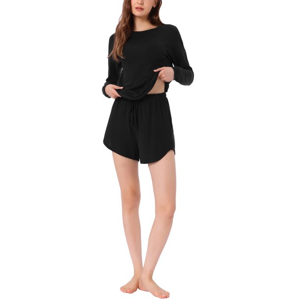 INSPIRE CHIC Conjunto de Pijama de Manga Larga para Mujer, Conjunto de Salón de Pantalones Cortos de Mezcla de Rayón Suave con Bolsillos y Cintura Elástica XS Negro