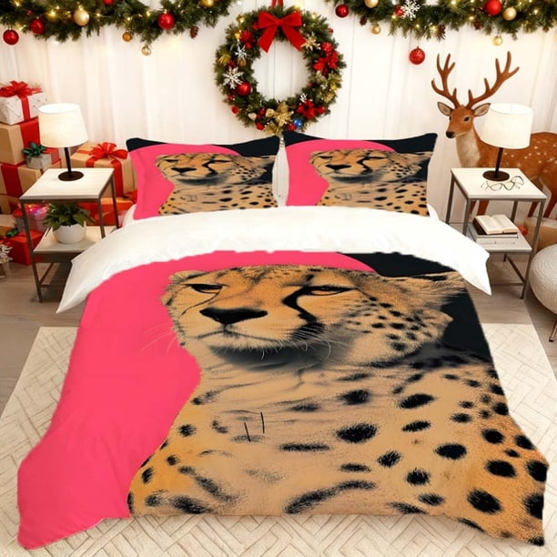 with a Pink And Black Background Featuring a Leopard Print This Bedding Includes a Duvet Cover And Two Pillowcases Made of Soft And Breathable Material Suitable