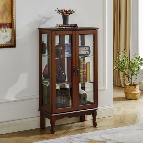 M&Ms - Curio Cabinet Lighted Curio Diapaly Cabinet With Adjustable Shelves And Mirrored Back Panel, Tempered Glass Doors (Walnut, 3 Tier), (E26 Light Bulb Not Included)