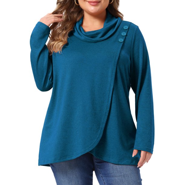 Agnes Orinda Conjuntos de Halloween Blusa Casual de Negocios para Mujer de Talla Grande con Cuello Alto, Túnica Envolvente, Botón Lateral Asimétrico, Manga Larga 1X Azul