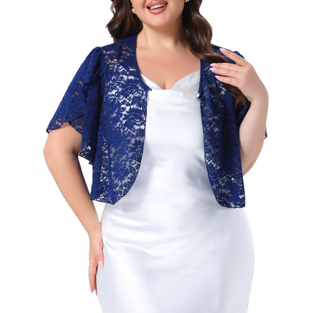 Agnes Orinda Conjuntos de Halloween para Mujeres Tallas Grandes Escuela Colegio Bolero Chaquetas Encaje Floral Tops Elegantes Transparentes Abiertos al Frente Mangas Cortas Cárdigans 4X Azul Marino