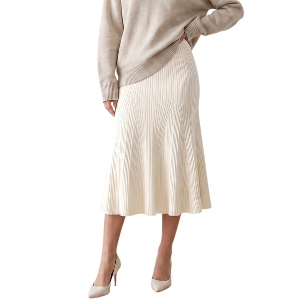 INSPIRE CHIC Falda Maxi de Mujer Tejido de Punto Acanalado Cola de Pescado Cintura Elástica Ajustada Elástica Suave Elegante Faldas de Suéter de Otoño Invierno Pequeña Albaricoque