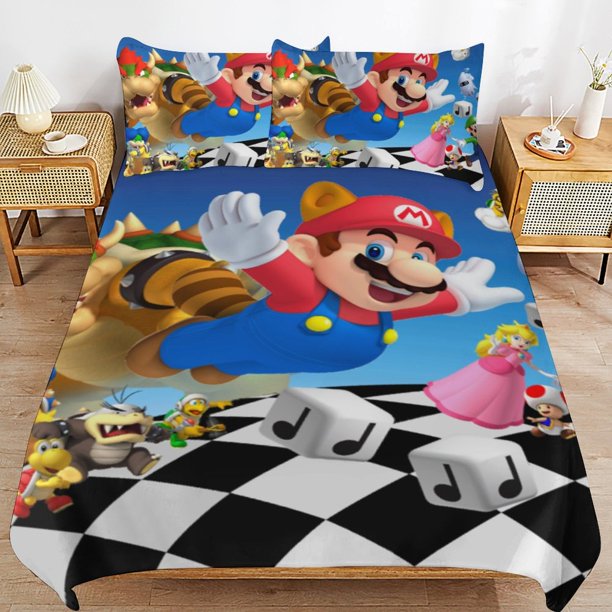 Super Mario 3-Piece Comforter Set for Bedroom Super Mario Bedding Set for Kids Adults Soft Microfiber Duvet Cover Set with Zipper Closure