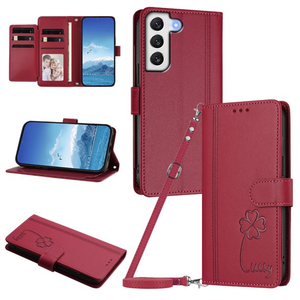 Funda Cartera Trébol para Samsung Galaxy S22 5G con Ranuras Tarjetas y Carga Inalámbrica Rojo
