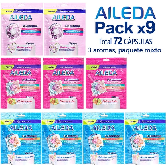 Detergente En Cápsulas Aileda Pods En Total 72 Uni Con 3 fragancias diferentes (Cítricos y frutas 3 bolsa,sakura 4 bolsa,Fresias y lirios 2 bolsa)