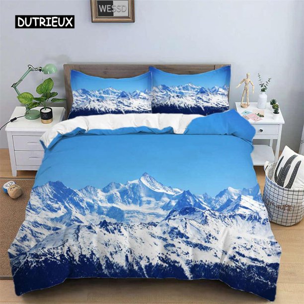 x1196 Bed SheetsSnow Mountain Duvet Cover Set Polyester Landscape Bedding Set for Teens Adults Ski Slope Winter Theme Comforter Cover 3-Piece Bedding Set (1 Duvet Cover + 2 Pillow Shams) nj1196