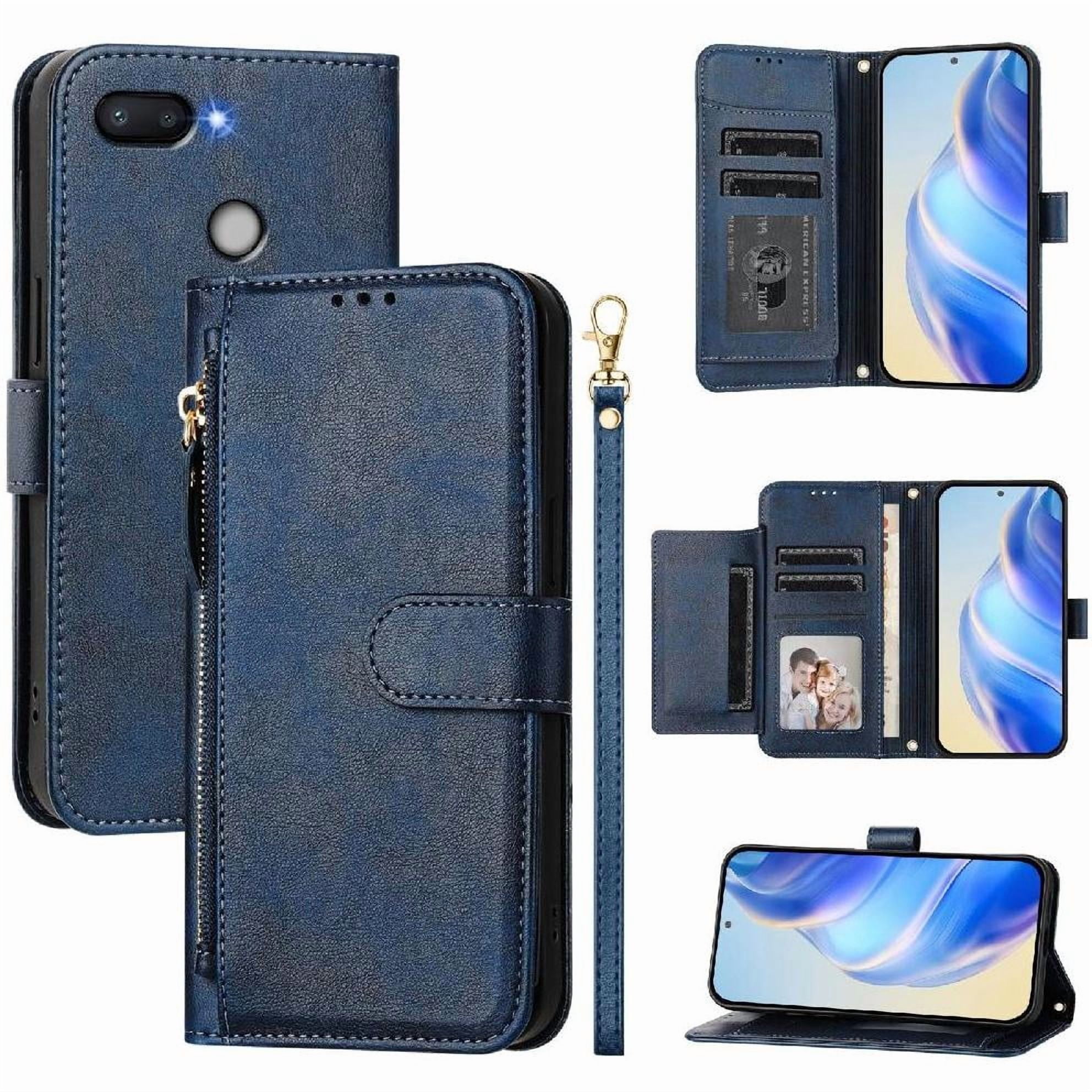 Foxdock - Funda Tipo Billetera Para Xiaomi Rojomi 6/xiaomi Rojomi 6a Con Cremallera Portatarjetas Soporte Correa De Muñeca Cuero Azul