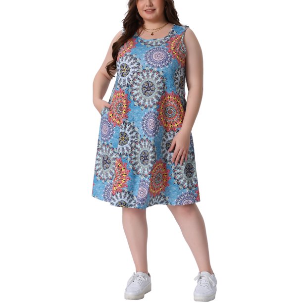 Vestido de verano sin mangas con cuello redondo y bolsillos para mujer de talla grande Agnes Orinda, 1X amarillo azul