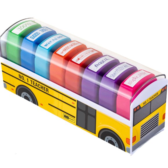 Set de 8 sellos autoentintables y motivadores para profesores, con almacenamiento