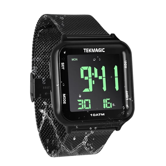 Reloj TEKMAGIC Digital con correa de acero inoxidable impermeable de 100 m