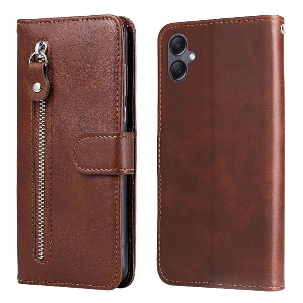 Funda tipo cartera para Samsung Galaxy A05 con bolsillo con cremallera y ranuras para tarjetas – Función de soporte Marrón