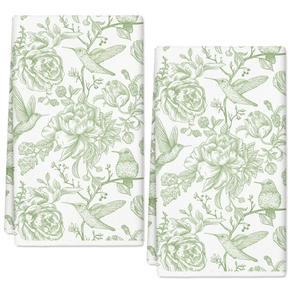 Toalla de cocina AnyDesign con flores verdes y pájaros, 45 x 70 cm, 2 unidades