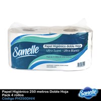Sanelle - Papel Higiénico Institucional 250 Metros Doble Hoja Pack 4 Rollos