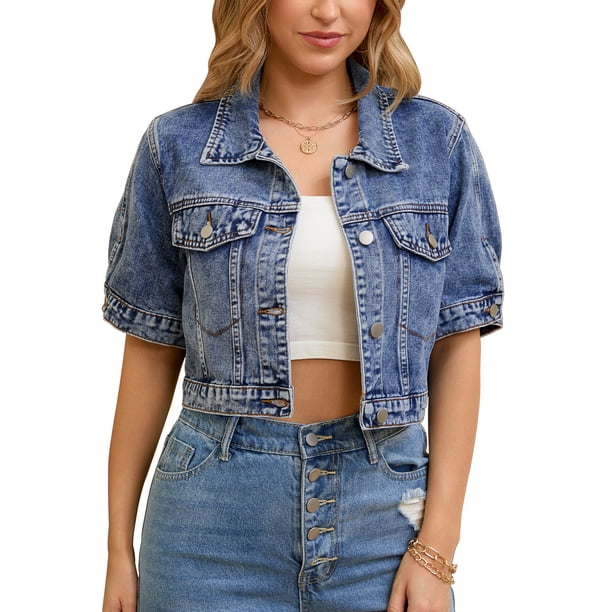 INSPIRE CHIC Chaqueta de Jean Azul XL para Mujer de Regreso a Clases con Mangas Cortas Recortadas, Botones y Desgastado