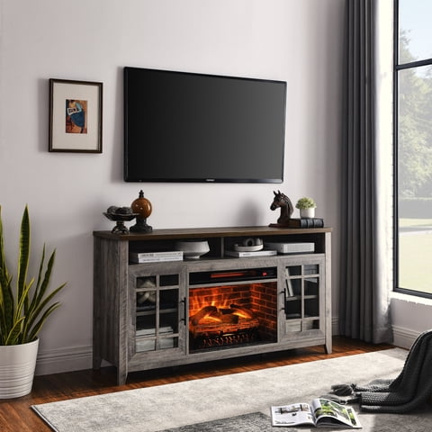 M&Ms - 55 Inch Tv Media Stand With Electric Fireplace Kd Inserts Heater,Gray Wash Color