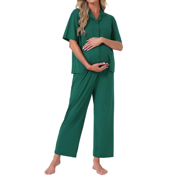 INSPIRE CHIC Conjunto de Pijamas de Maternidad para Mujeres con Mangas Cortas para Lactancia Ropa de Dormir para Postparto Conjunto de Pantalones Cortos y Largos L Verde Oscuro