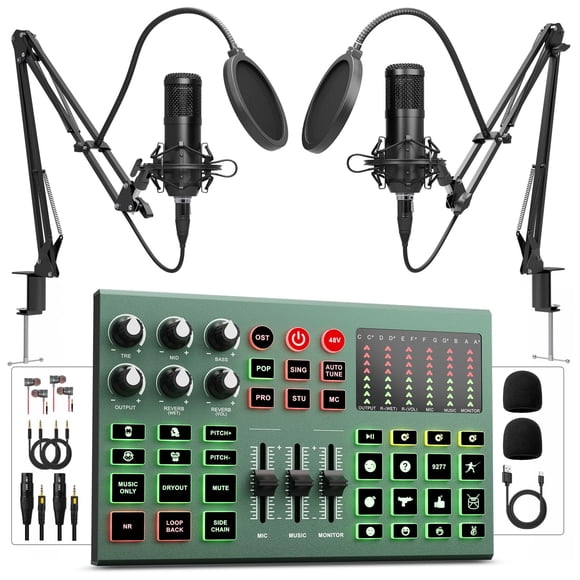 Paquete de equipo de podcast para 2 personas, mezclador de DJ con interfaz de audio y micrófono de podcast, cambio de voz, 48 V para podcast, streaming, TikTok, Youtube, PC, smartphone