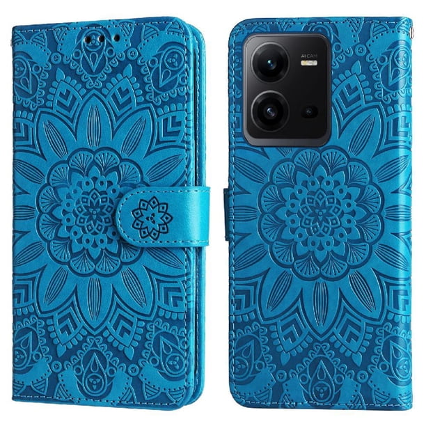 Funda tipo cartera FOXDOCK para Vivo V25 5G , diseño girasol en relieve, cuero PU, cierre magnético, soporte y tarjetero