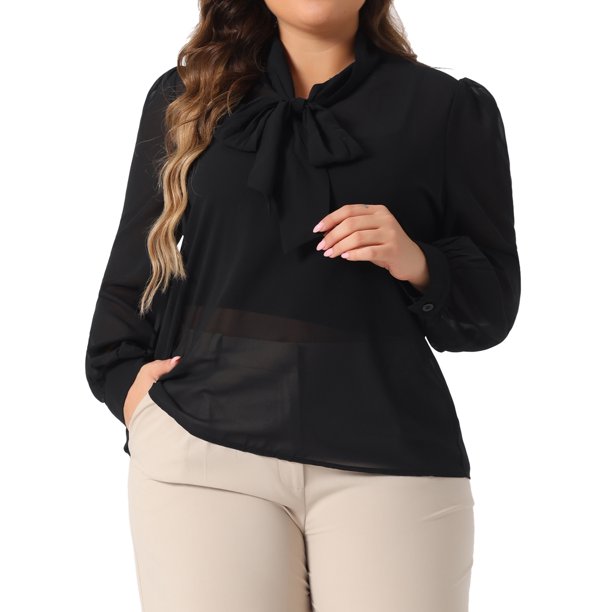 Blusa de Manga Larga con Cuello de Lazo Transparente de Malla de Chiffon para Mujer de Talla Grande de Agnes Orinda, Casual Elegante, 2X Negro