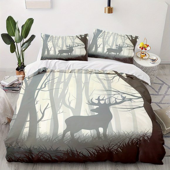 Deer- Pattern B-eddi-ng Set -Wildlife Theme B-edding Set 3-Pie-ce Set Includ-ing 2 One Pillow-cases
