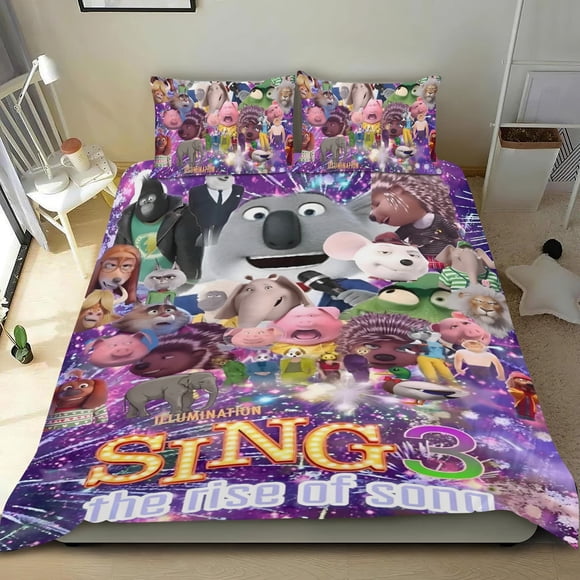 Sing 3: La Película Conjunto de sábanas temático, trío de piezas, cómodo y amigable con la piel, diseño único, regalo de decoración para el hogar para familiares, amigos y fans,140cm *210cm