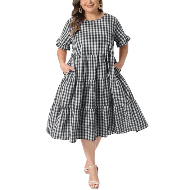 Vestido Maxi Casual de Verano con Bolsillos y Mangas Cortas Acampanadas de Cuello Redondo a Cuadros de Pascua para Mujer de Talla Grande de Agnes Orinda, Línea A, 3X Negro