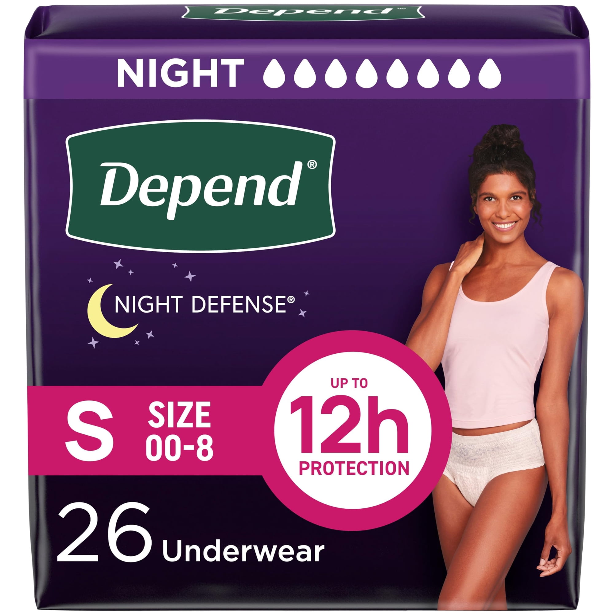 Ropa Interior Para Incontinencia Depend Night Defense Para Mujer, Talla Pequeña, 26 Pulgadas