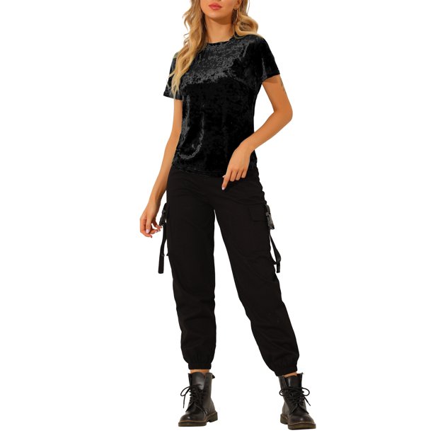 INSPIRE CHIC Camiseta Casual de Fiesta de Halloween para Mujer de Terciopelo con Cuello Redondo y Mangas Cortas L Negro