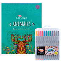 Libro Mándala Animales + 12 Lápices Fineliner Adix 0.4 Mm