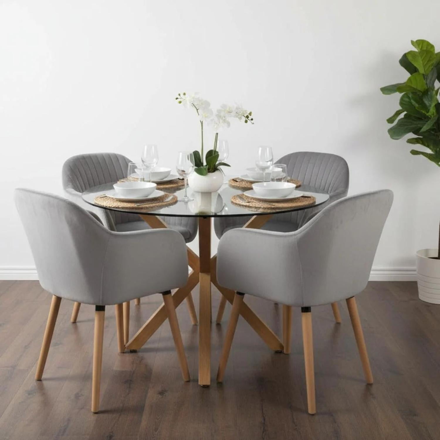 Pandalino - Comedor Mesa Redonda Equiz 120cm + 4 Butacas Almer Gris