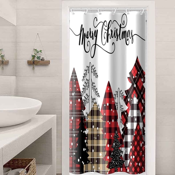 1pc Festive Christmas Shower Curtain with Red Buffalo Plaid Tree and Snowy Forest Farmhouse Design - Waterproof and Washable with 12 Hooks