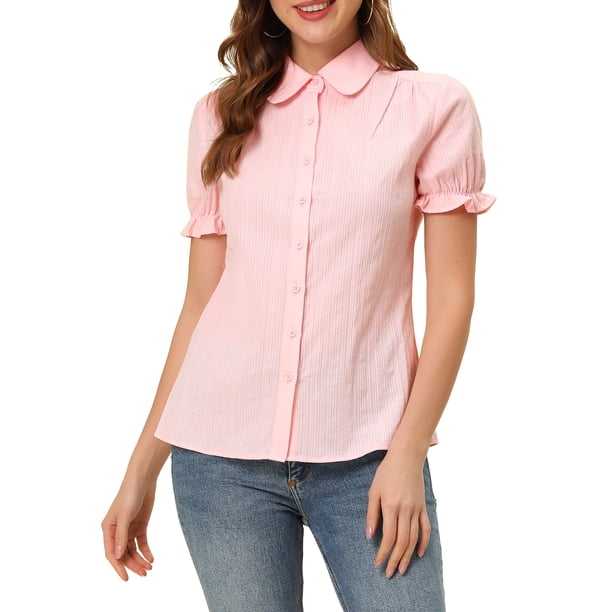 INSPIRE CHIC Blusas Vintage para Mujer con Cuello Peter Pan y Botones de Algodón Rosa S